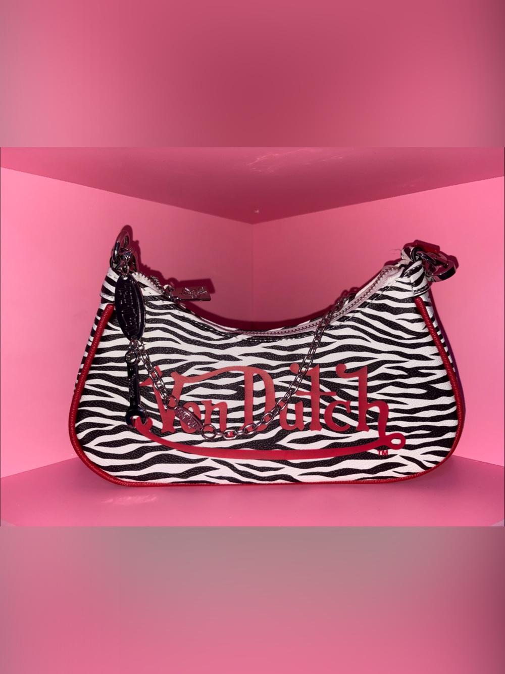 Von Dutch Black & White Zebra Shoulder Bag with Red Trim